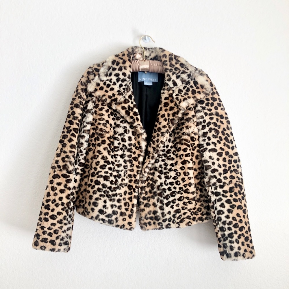 NINE WEST Leopard Print Rabbit Fur Moto Jacket